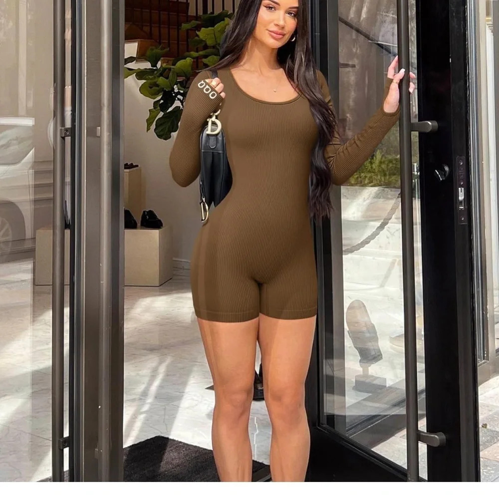 0QQ Women Yoga Rompers Ribbed Workout Long Sleeve Round Sz S - Picture 2 of 9
